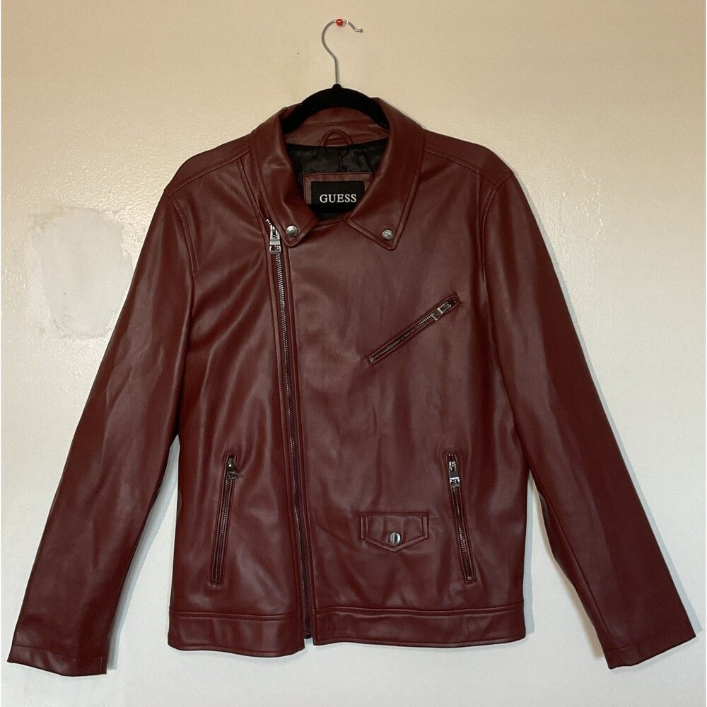 Guess Faux Leather Motorcycle Jacket Brown Cognac Offset Zipper Mens Size M